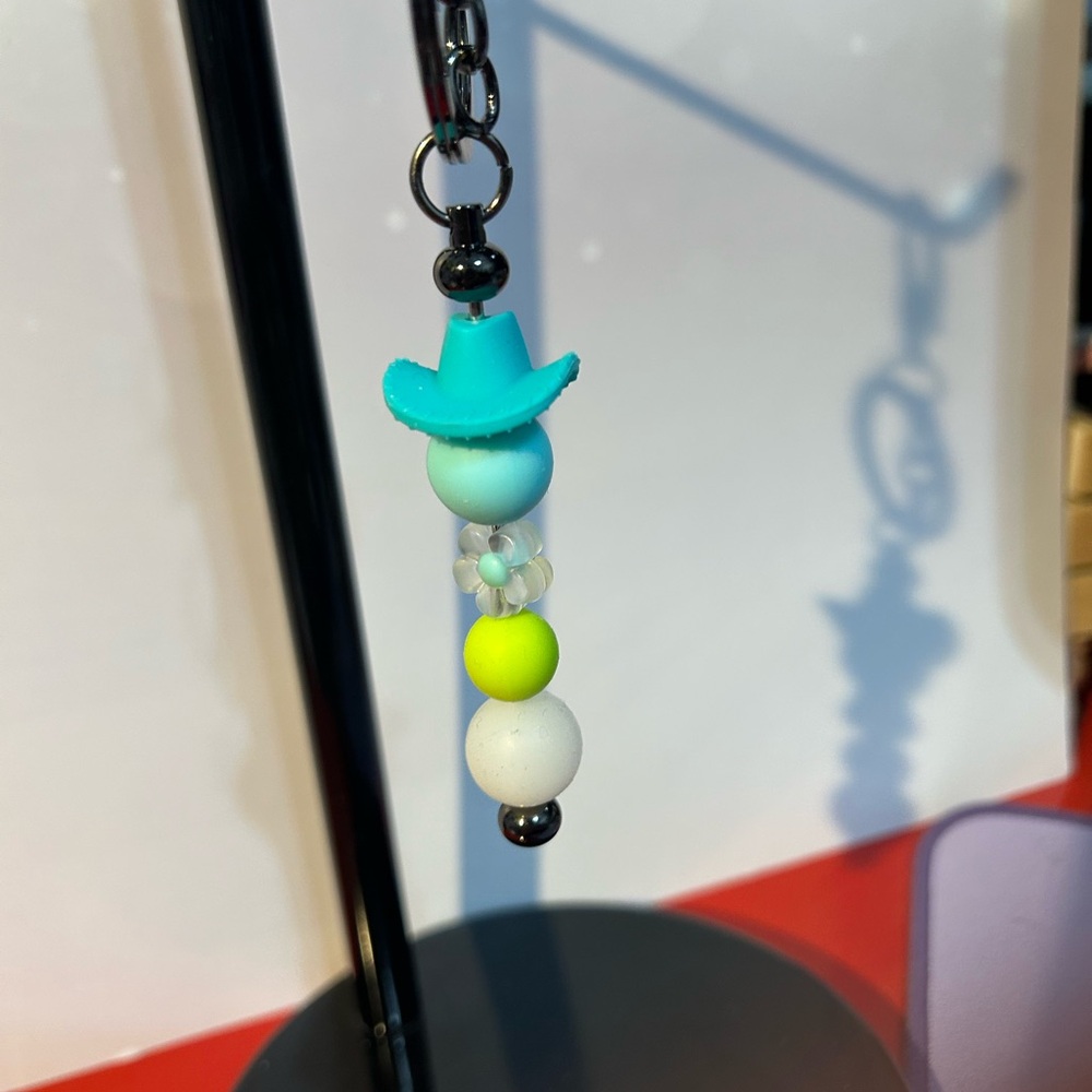 Cowboy Hat Turquoise Keychain w/ glow in the dark bead to find in purse easily